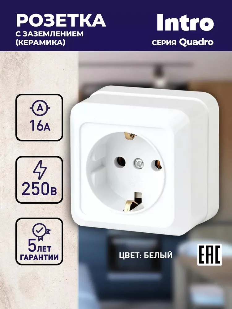 Розетка Intro Quadro 2-202-01 с заземлением 2P+E Schuko 16А-250В IP20 открытой установки белая, белый
