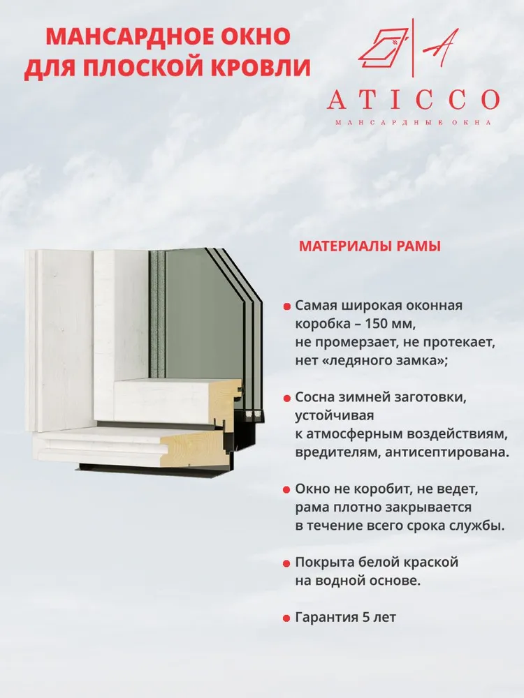 Окно деревянное мансардное с окладом для плоской кровли ATICCO, белое, двухкамерный стеклопакет закаленное стекло 550х980 мм DAW C4 с монтажным комплектом, 550x980 мм, фото 3