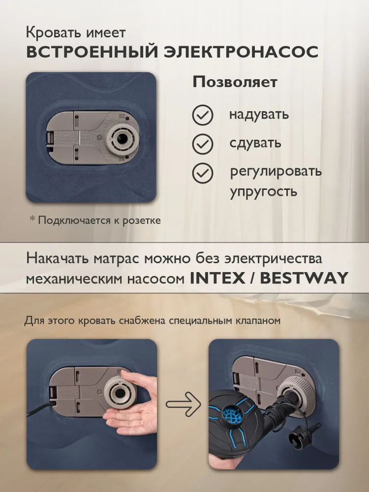 Кровать надувная двуспальная Bestway / встроенный насос 220В 152х203х51см 6716P, 152x203x51 см, фото 3