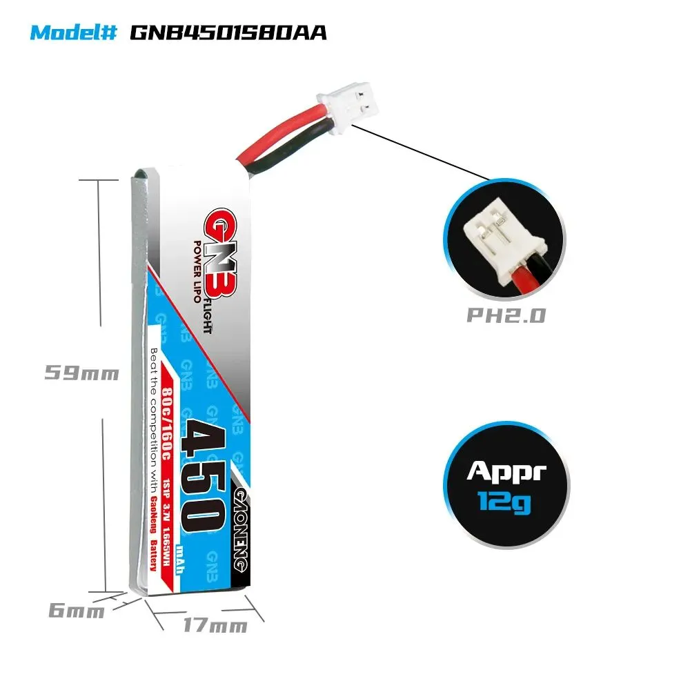 Аккумулятор Li-po Gaoneng GNB 450mah 1S1P 3.7V 80C 6x17x59mm, 450 мАч, фото 3
