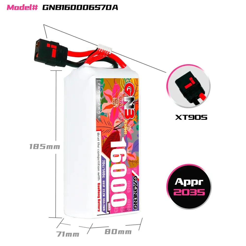 Аккумулятор Li-po Gaoneng GNB 16000mah 6S1P 22.2V 70C 71x80x185mm, 16000 мАч, фото 2
