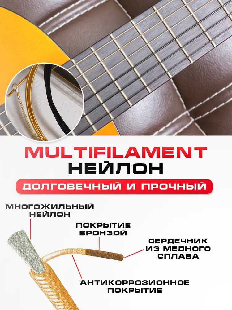 Струны для классической гитары нейлоновые, 6+1. Черный нейлон. ALICE AC107BK-H, черный, фото 5