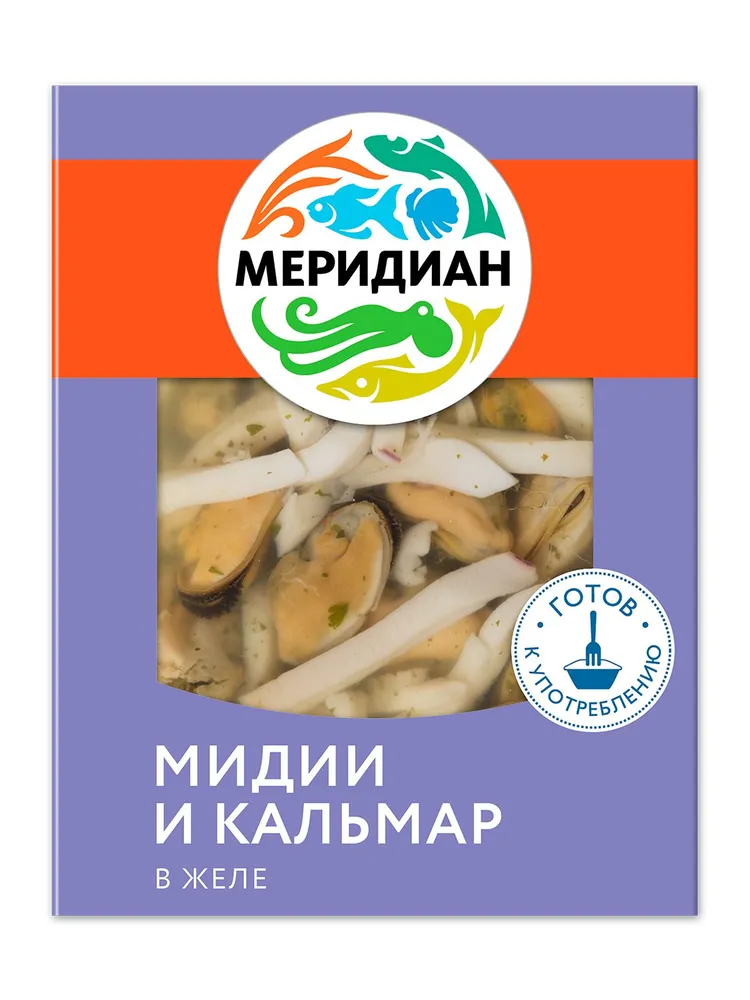 Мясо мидий и кальмар в желе с зеленью соломка, 200 г, Меридиан, отварные, 200 г