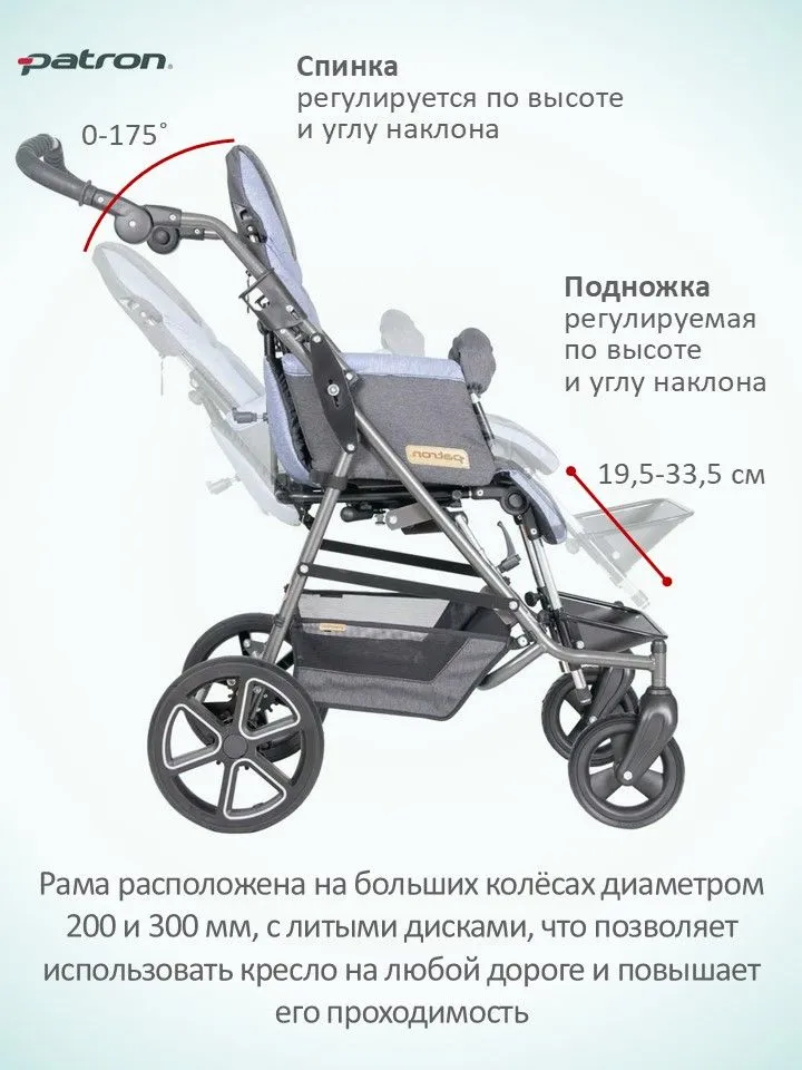 Детская инвалидная коляска ДЦП комнатная Patron Tom 4 Classic T4c STD на рост ребенка 95-130 см, цвет обивки голубой R55, соц. сертификат 7-01-02, голубой, фото 5