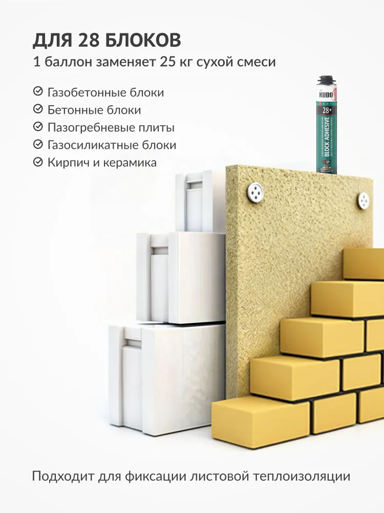Клей-пена для газобетона, блоков и кирпича KUDO "BLOCK ADHESIV" PROFF 28+ профессиональный всесезонный, вариант, фото 3