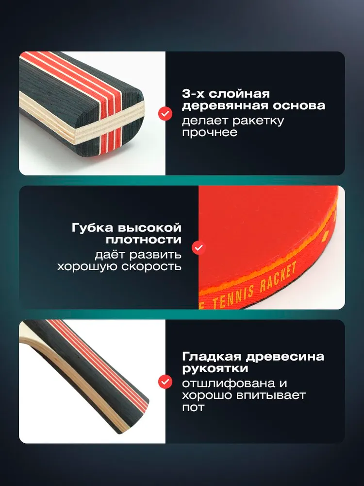 Ракетка для настольного тенниса, Набор в чехле (2 ракетки, 3 мяча), вариант, фото 3