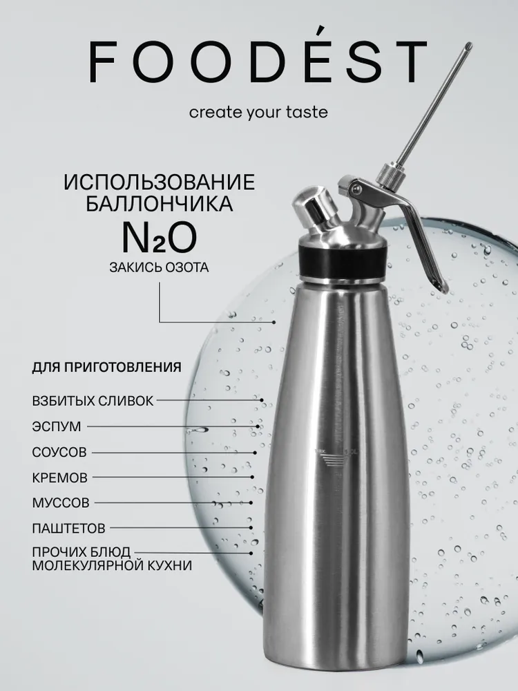Кремер сифон кулинарный для взбивания сливок FoodEst 500мл, нерж. сталь, 1 л, фото 2