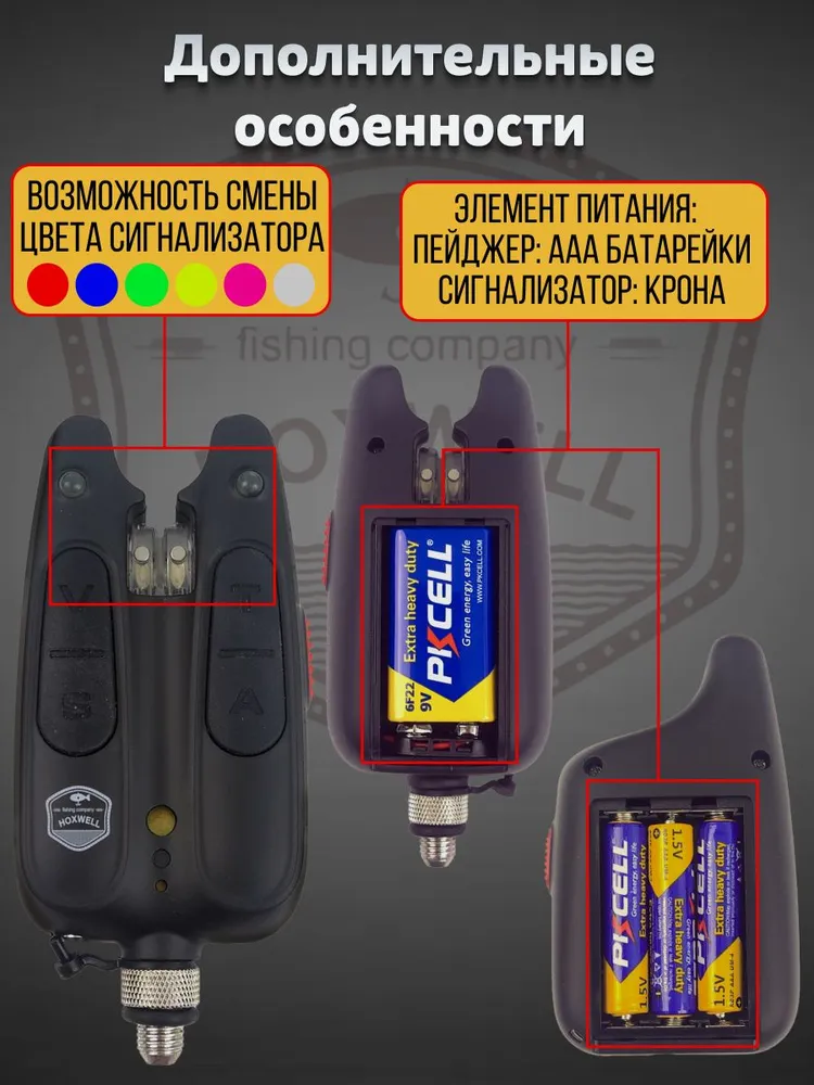 Сигнализаторы поклевки электронные Hoxwell HL116 (6+1), с пейджером, для рыбалки, набор для фидера, со световой и звуковой индикацией, с батарейками, вариант, фото 3