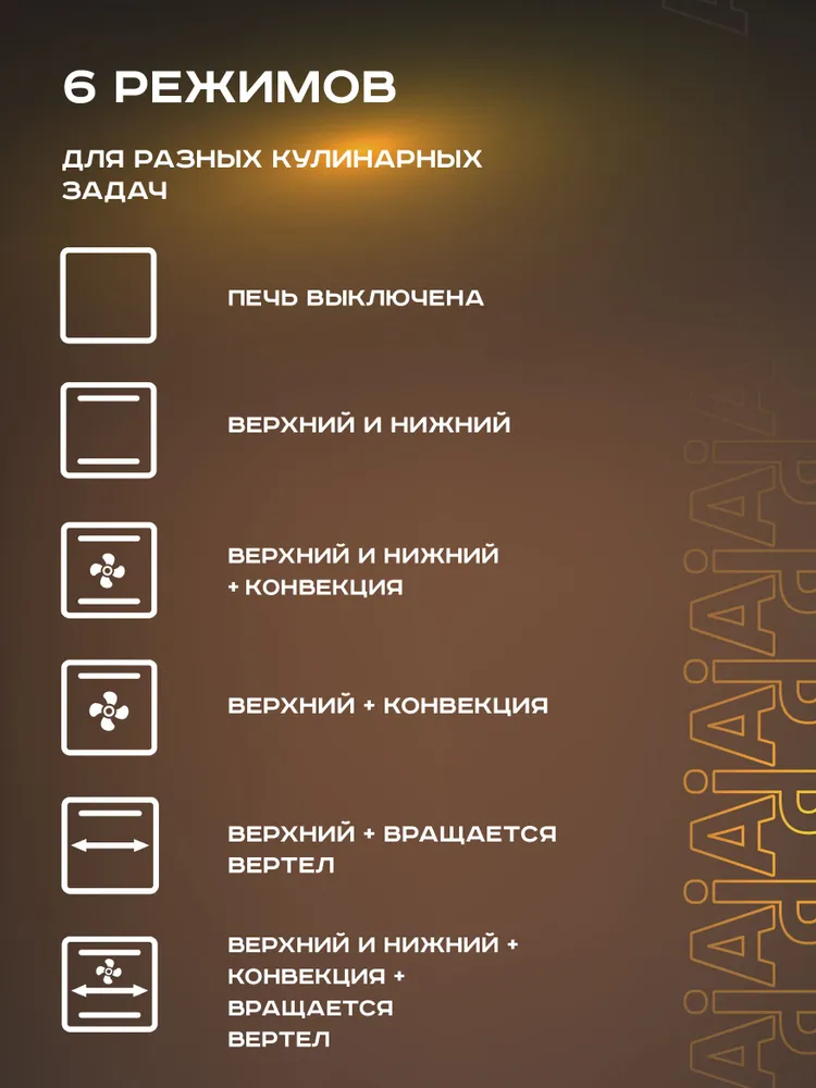 Ретро-электропечь 42л с ГРИЛЕМ И КОНВЕКЦИЕЙ Pioneer MO5145G, 6 режимов нагрева, насадка для шашлыка, форма для пиццы, подсветка, таймер, 2 года гарантии, 2000 Вт, 42 л, 2000 Вт, фото 6