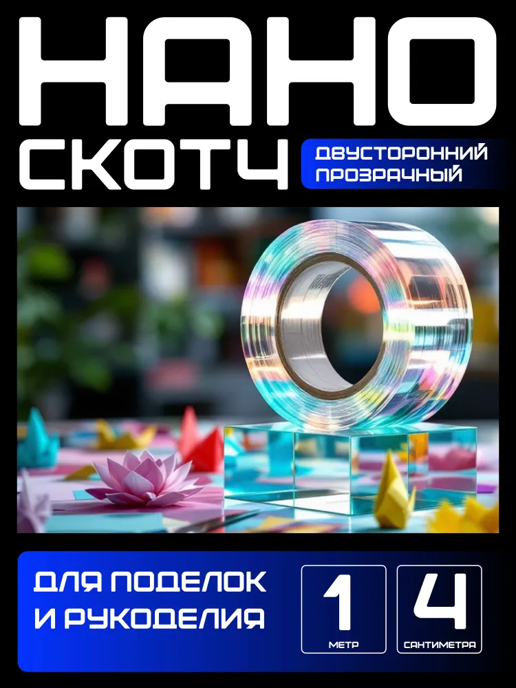 1m-4сm. Декоративная клейкая лента. прозрачная двусторнняя водостойкая многоразовая. Для рукоделия и творчества. Скотч двусторонний, прозрачный