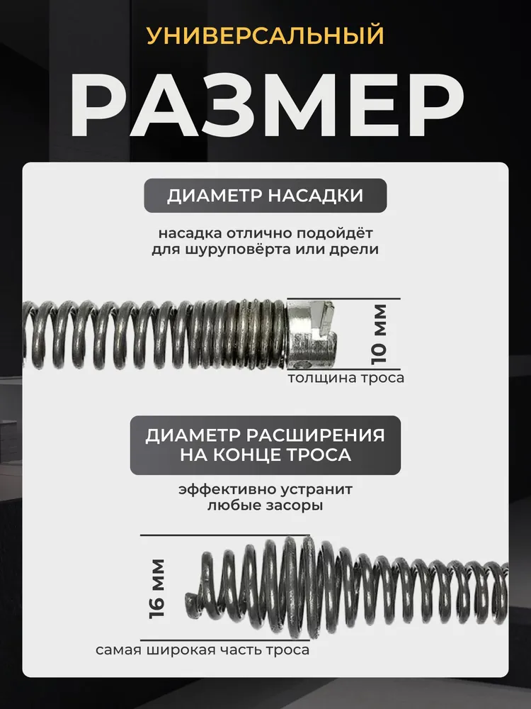 Трос сантехнический 5 метров для прочистки труб и устранения засоров в канализации с насадкой на дрель или шуруповерт / Стальной 10 мм, 5 м, фото 6