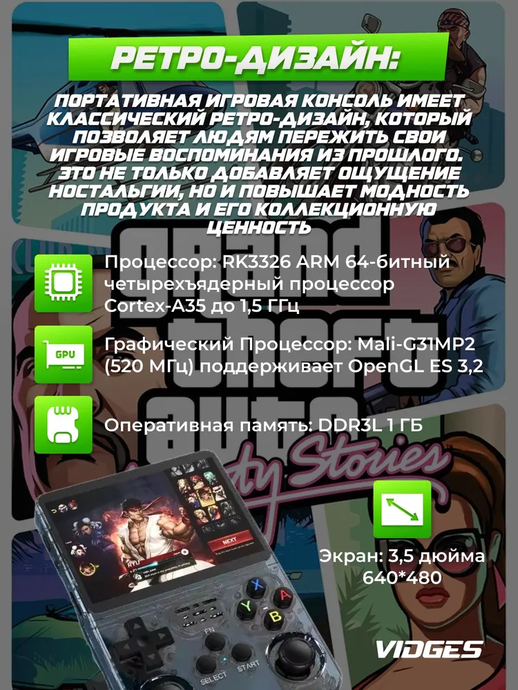 Портативная игровая приставка Vidges R36S для игр PSP, PS1, DreamCast, N64, NDS, NES 64 GB, 64 ГБ, фото 2