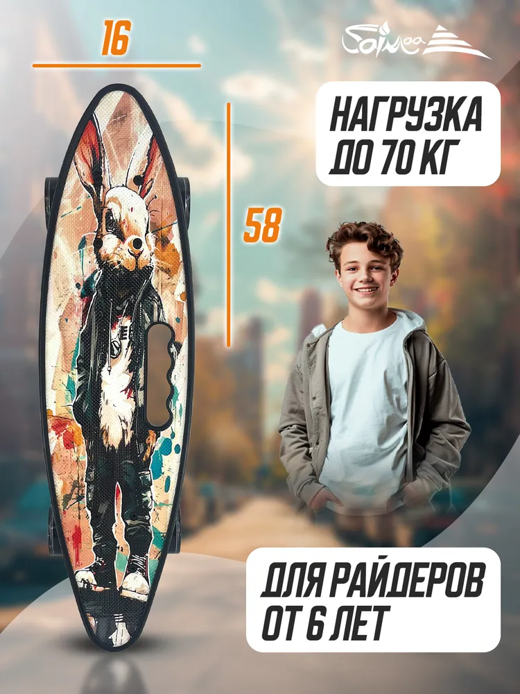 Пенни борд Saimaa 58 см, "Rabbit", скейтборд детский, скейт, вариант, фото 5