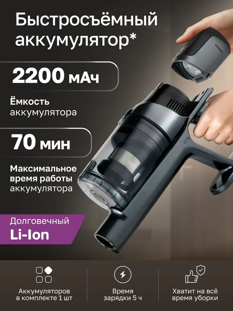 Беспроводной вертикальный пылесос с влажной уборкой Gartz VVC320G, 32000 Па, до 70 мин, моющий, для дома и шерсти животных 3 режима, мощность 450Вт, 5 насадок, LED дисплей, подсветка пыли, 450 Вт, фото 5