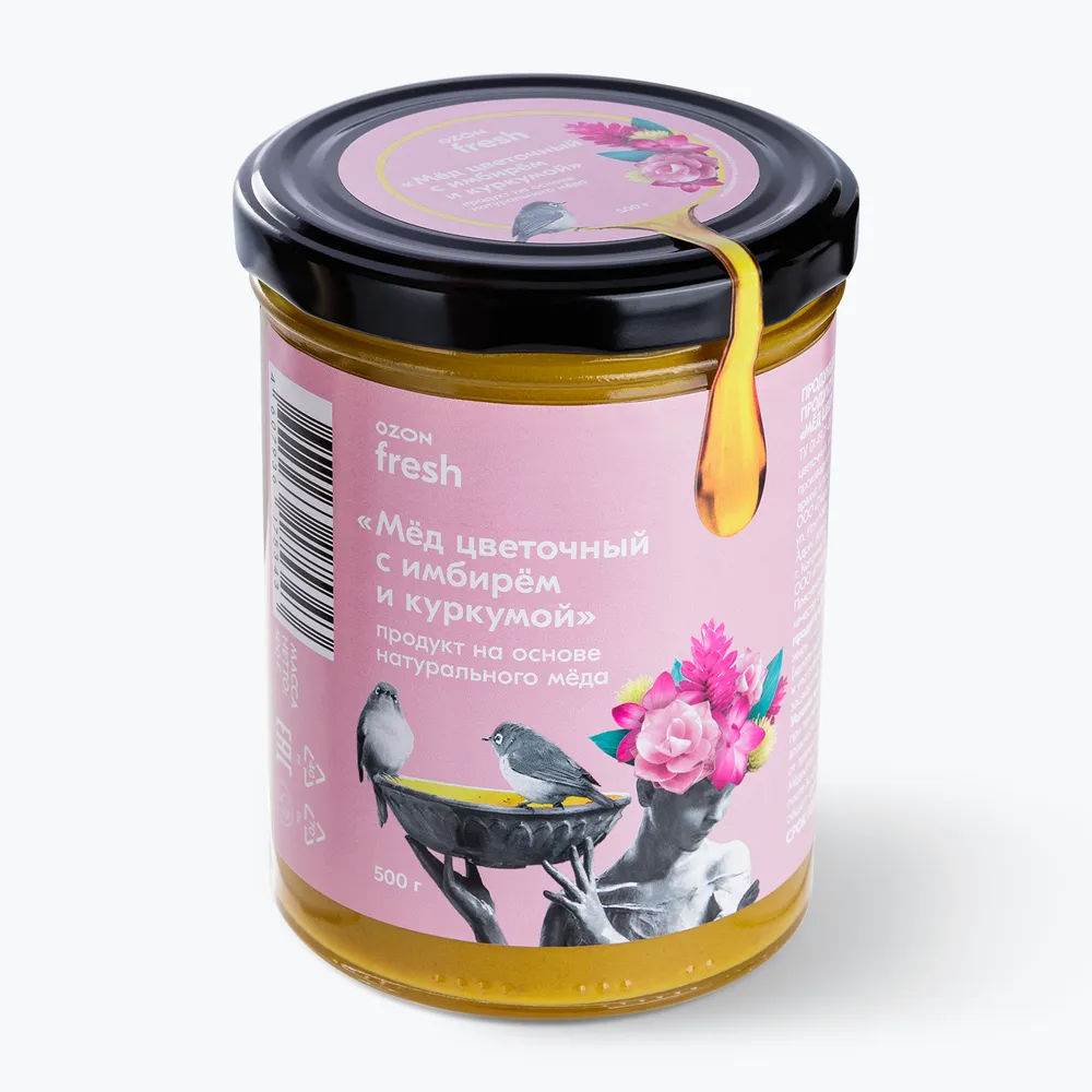 Мед натуральный цветочный с имбирем и куркумой 500 г, Ozon fresh, 500 г