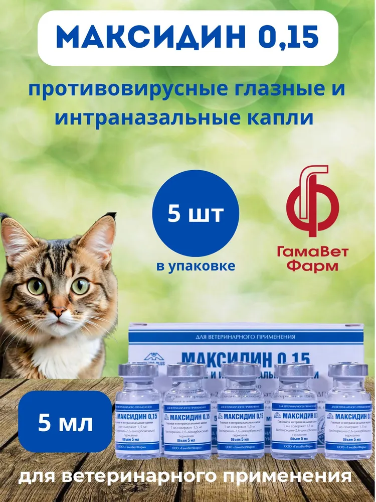 МАКСИДИН 0,15. 5мл*5фл. Противовирусные капли глазные и интраназальные. ГамаВетФарм. Микро-плюс, 5 мл