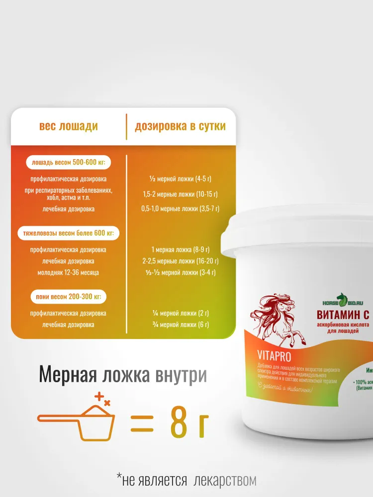 Витамин С Horse-Bio VitaPro для лошадей, 500 г, 500 г, фото 2