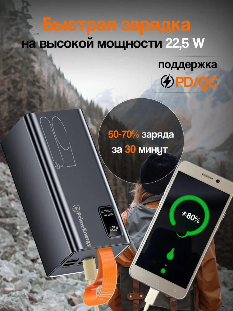 Повербанк Powerbank 50000mah с быстрой зарядкой для айфона, пауэрбанк, внешний аккумулятор для телефона, черный, 50000 мАч, фото 2
