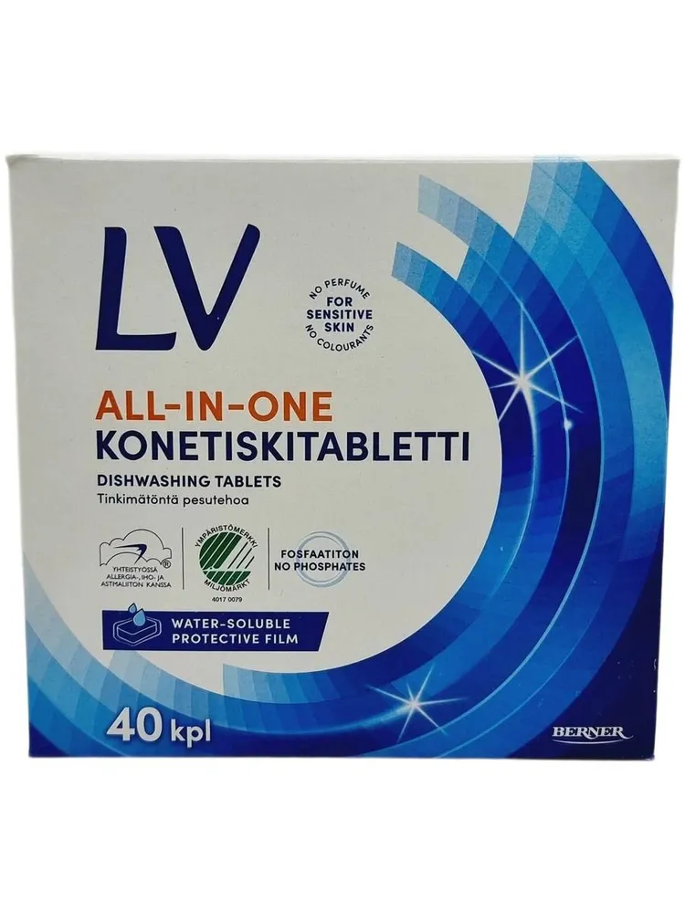 Таблетки для посудомоечной машиныLV All-in-one ,гипоаллергенные (18 г х 40 шт) 720 г (Из Финляндии), 18 г, 40 шт