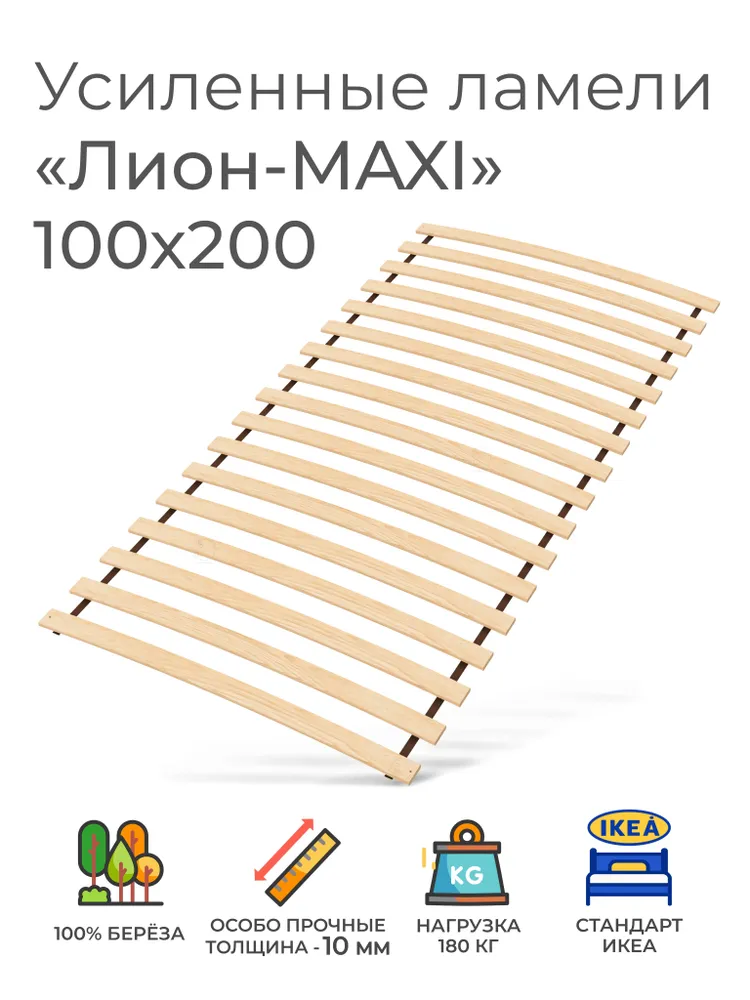 Усиленные ламели "Лион - MAXI", 90х200 см. (реечное дно для кровати Икеа, ортопедическое кроватное основание 900 мм, ламели на ленте, основа под матрас), 1000 мм, 100x200 см