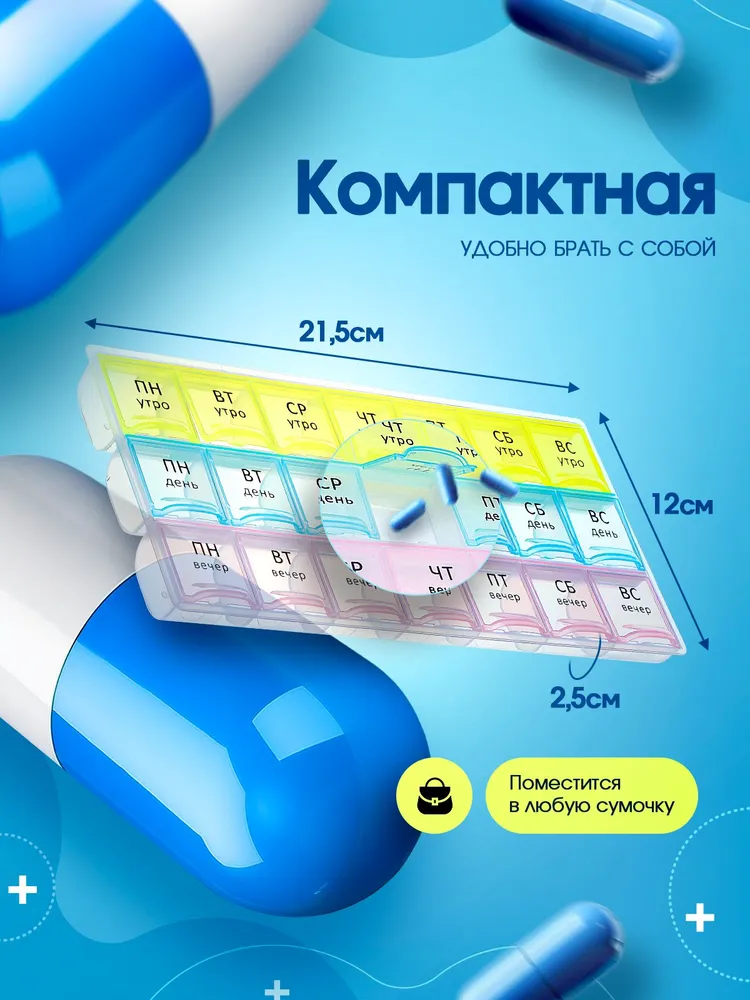 Таблетница на неделю 3 приема, органайзер для лекарств, контейнер для таблеток, цветной, вариант, фото 2