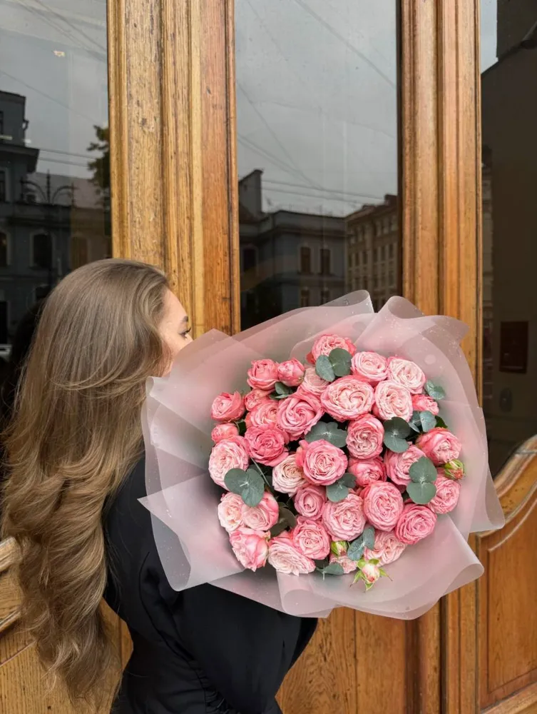 Цветы живые букет, Пионовидные розы 40см в упаковке, цвет розовый, зеленый, 25 шт, 25 шт, фото 3