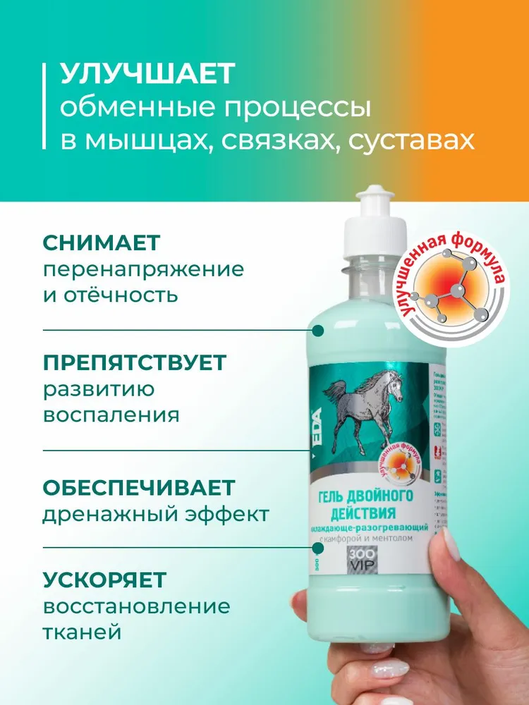 Гель двойного действия охлаждающе-разогревающий с камфорой и ментолом для мышц, связок, суставов ЗооVIP, VEDA, 500 мл, 500 мл, фото 3