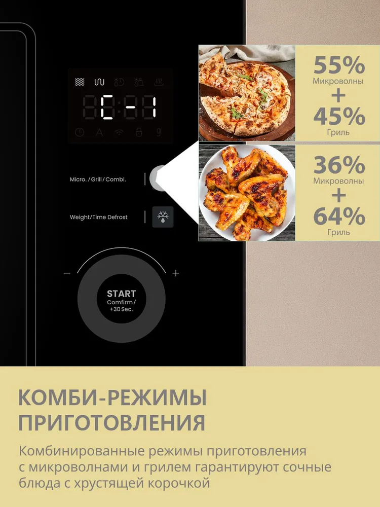 Встраиваемая микроволновая печь Comfee CBM400GB, гриль, 25 л, комби-режимы, 8 автопрограмм, таймер, разморозка по времени и весу, 25 л, фото 4