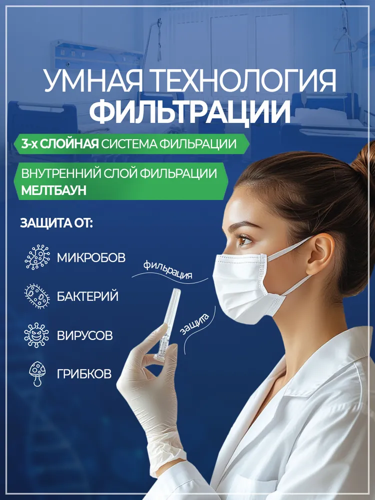 Маска медицинская одноразовая 50 шт. (белая, в коробке), 50 шт, фото 4