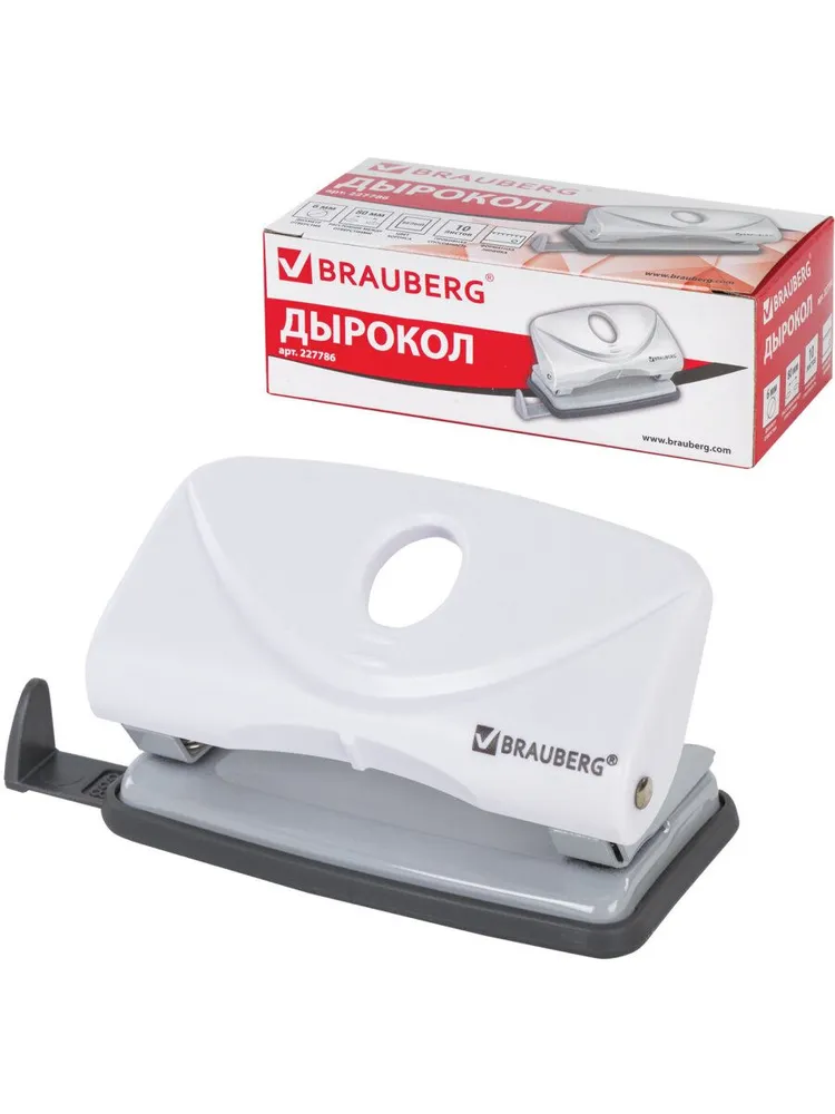 Дырокол для бумаги / листов канцелярский Brauberg Original, до 10 листов, белый, белый, фото 6
