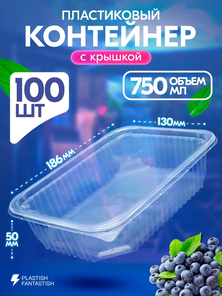 Контейнеры одноразовые с крышкой 750 мл 100 шт для еды и заморозки ягод, пластиковые, 750 мл, 100 шт