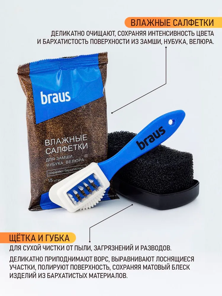 Набор для чистки обуви из замши, нубука, велюра для женской и мужской спортивной и повседневной обуви, комплект с губкой, щёткой 3в1 и салфетками BRAUS, вариант, фото 3