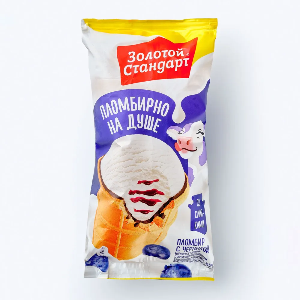 Мороженое пломбир с таежной черникой в вафельном стаканчике, 93 г, Золотой Стандарт, 93 г