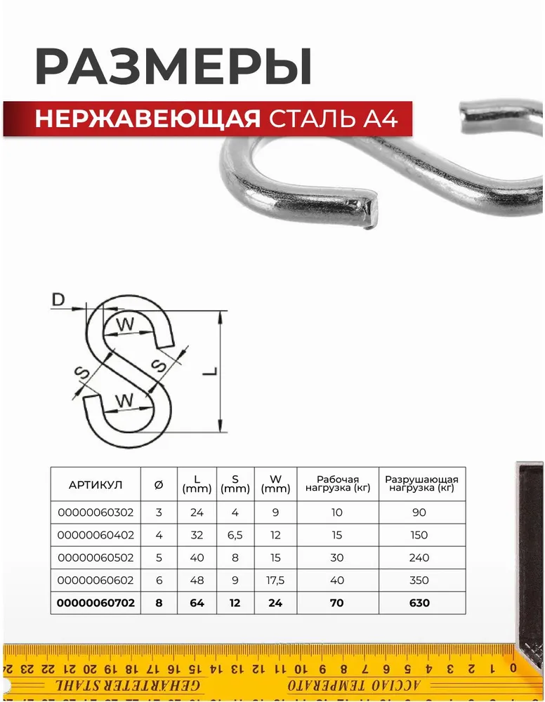 Крюк S-образный симметричный 6 MM нержавеющая сталь A4 ART 8160, блистер 3 шт., 2 шт, фото 5