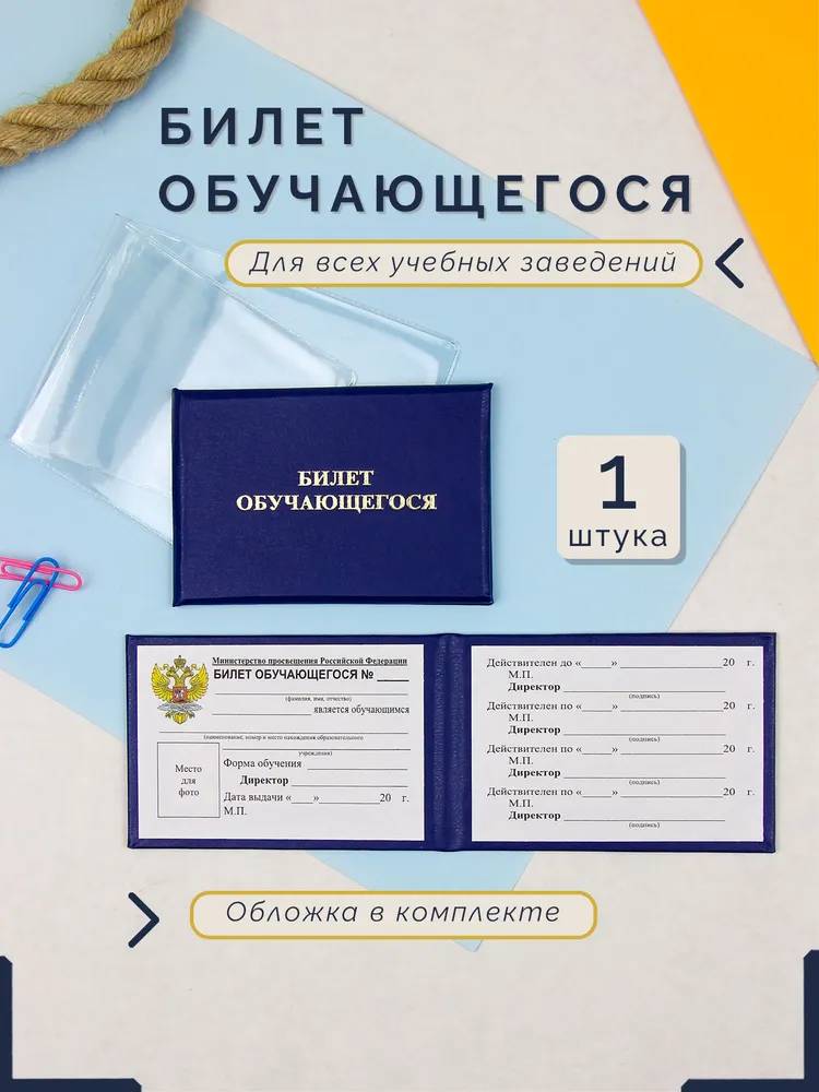 Билет обучающегося (ученический билет) для школьника - бланк с вклейкой установленного образца с пластиковым футляром, вариант