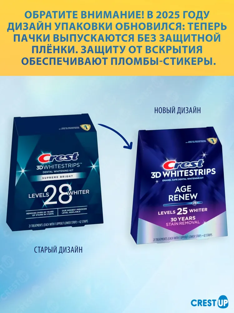Crest 3D Whitestrips Age Renew (Supreme Bright) Отбеливающие полоски для зубов: до 7 - 8 тонов за 21 день, вариант, фото 2