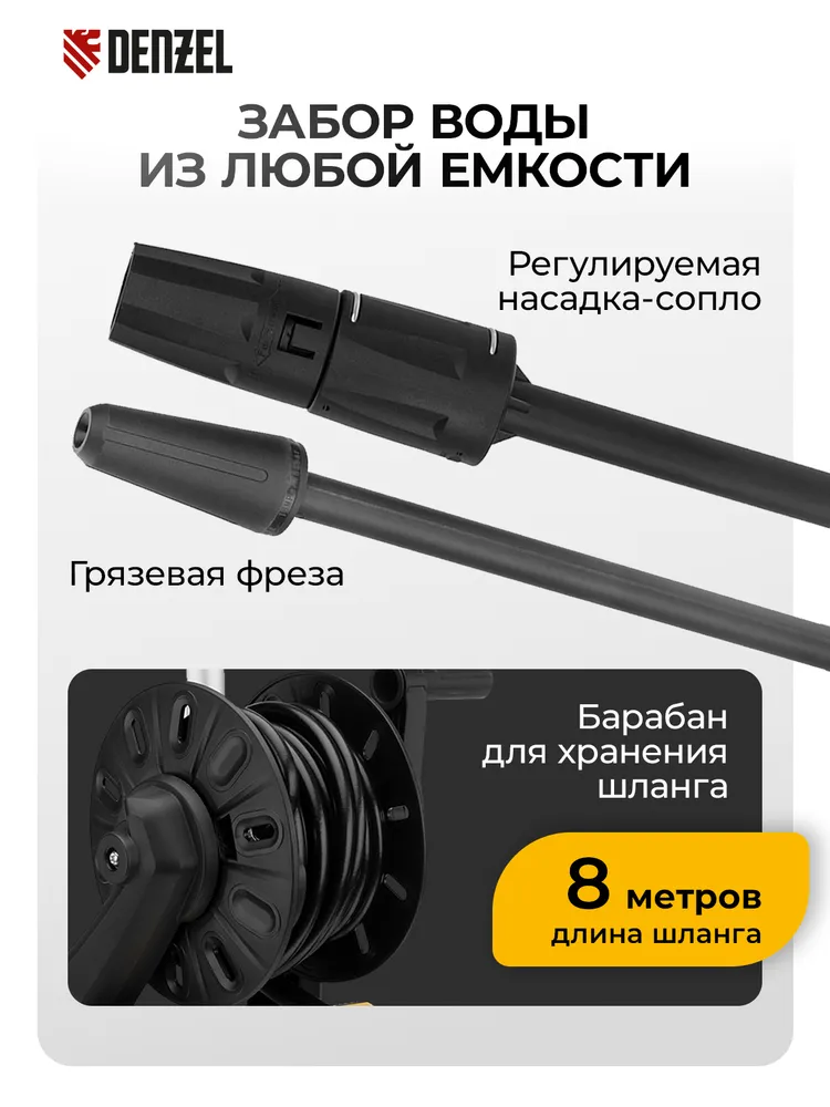 Мойка высокого давления DENZEL R-180D, 2200 Вт мощность и 180 бар давление, 380 л/ч, функция самовсасывания и термозащита, внешний/встроенный пеногенератор и грязевая фреза, моечная машина, 58239, 2200 Вт, 380 л, фото 5