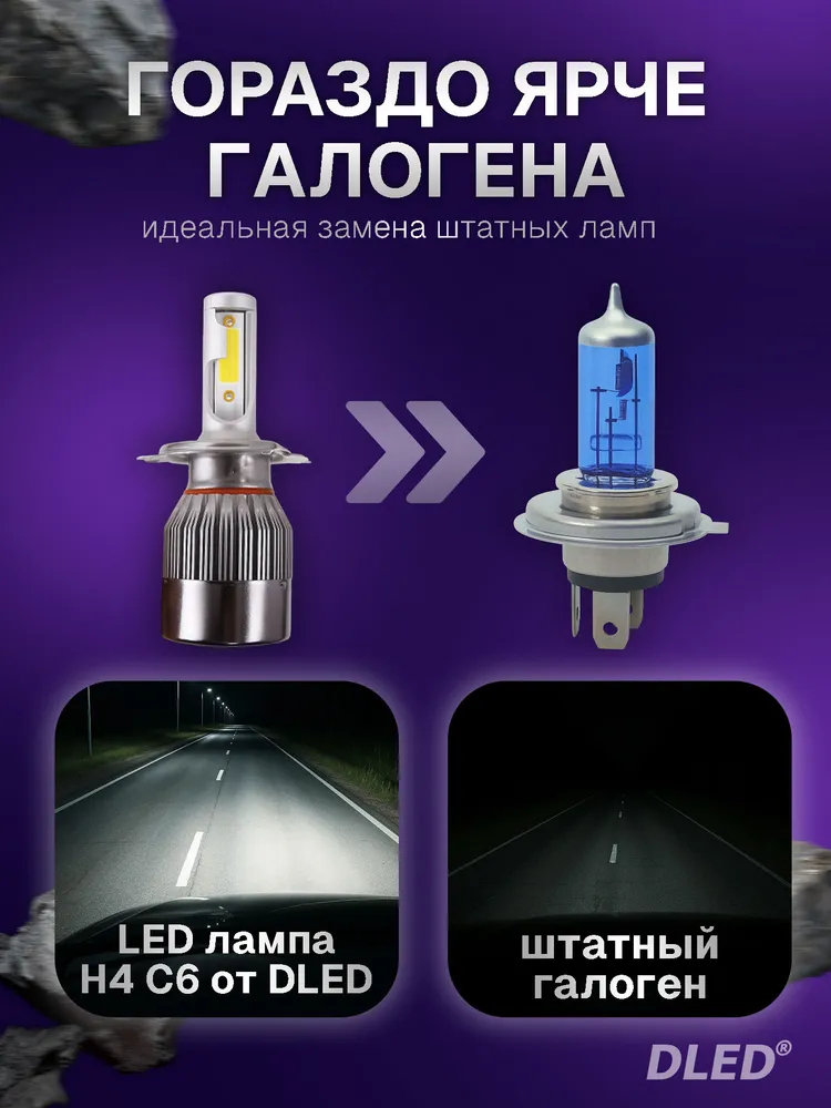 Автомобильные диодные лампы H4 C6 Original от DLED питание 12V мощность 36W белый 6500K 2 штуки, 36 Вт, фото 3