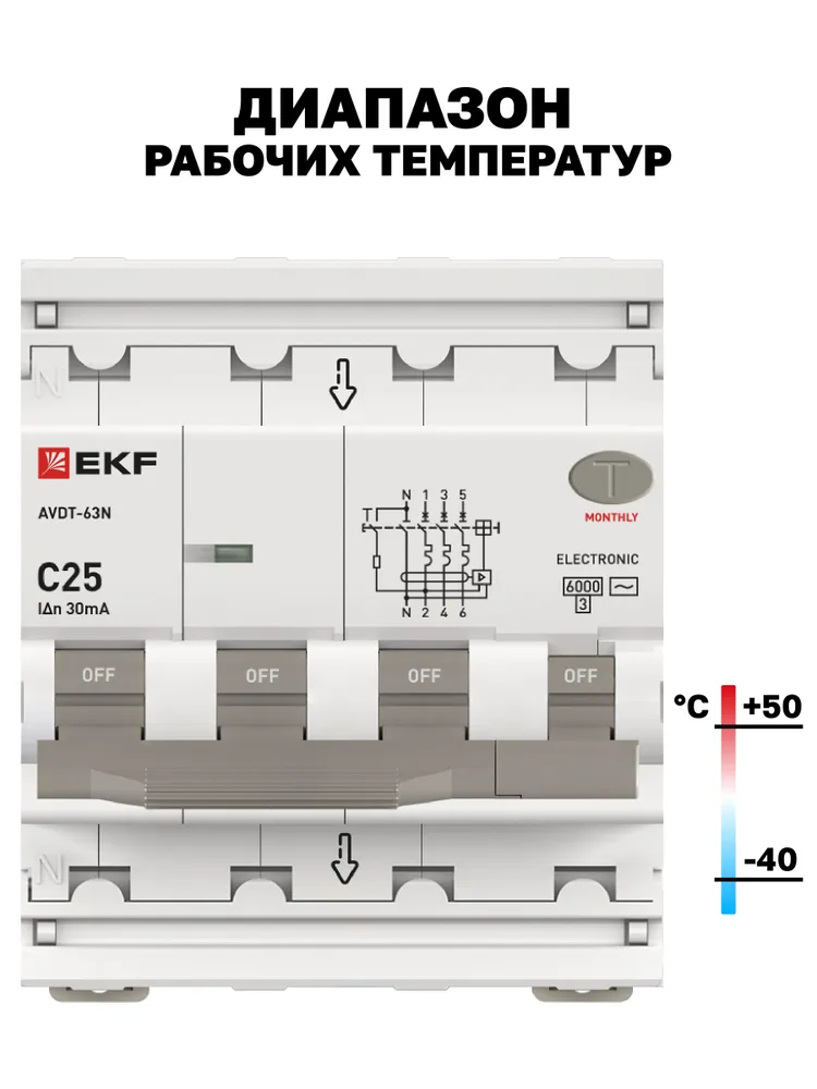 Дифавтомат 16А (C) 30мА, тип A, 1P+N (двухполюсный), 6кА, электронный АВДТ-63N EKF PROXIMA - Автоматический выключатель дифференциального тока, 25А AC 3P+N четырехполюсный, фото 5