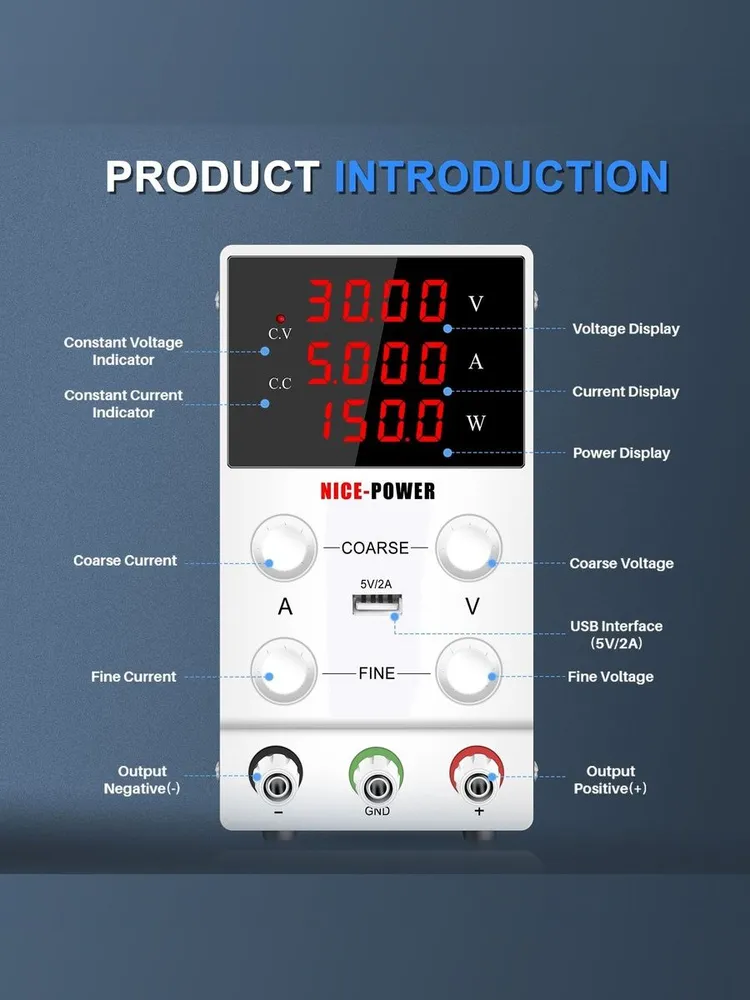 Лабораторный блок питания NICE-POWER SPS-305, регулируемый 030 В, 5 А, мощность 150 Вт, 4-разрядный цифровой дисплей, USB-выход 5 В 2 А, корпус белого цвета, 150 Вт, фото 6