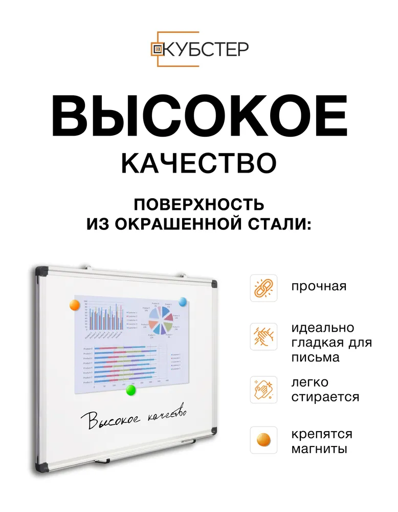 Магнитно-маркерная доска настенная КУБСТЕР 120х90 см, белая, с полкой, для офиса, школы и дома, 120x90 см, фото 5