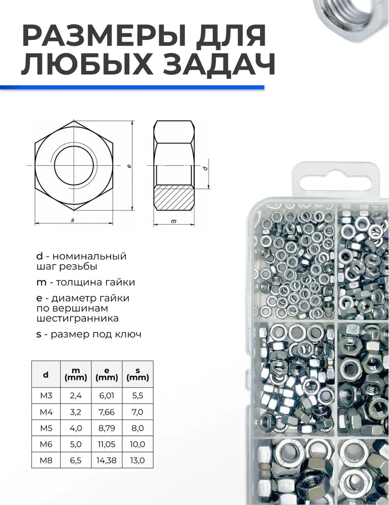 Набор гаек М3, М4, М5, М6, М8 DIN 934, шестигранные, оцинкованная сталь, в органайзере. Комплект 330 шт., 330 шт, фото 5