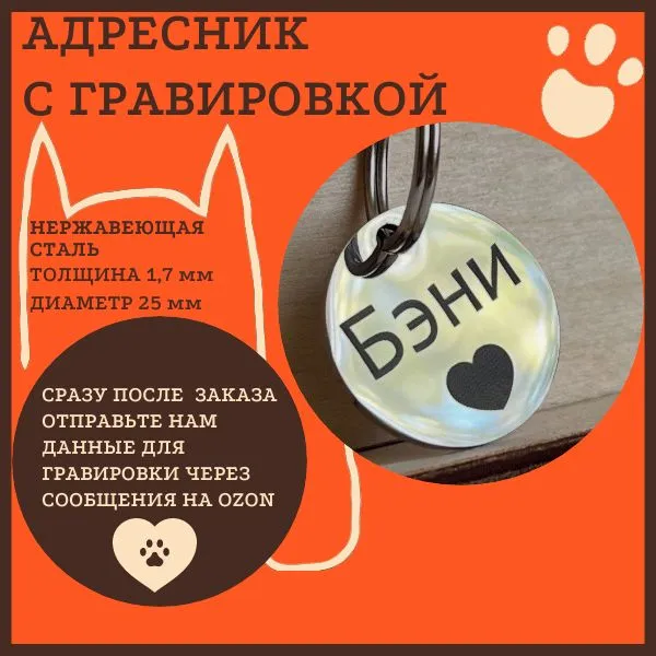 Адресник для собак с гравировкой, из нержавеющей стали, круглый, вариант