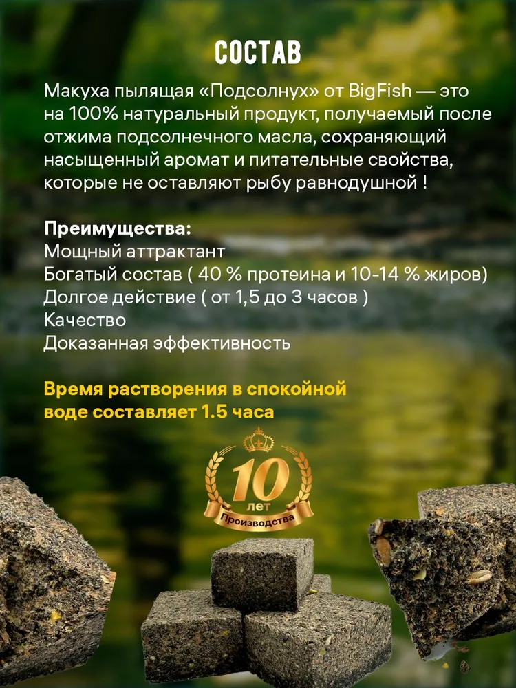 Пылящий ЖМЫХ ПОДСОЛНУХ "Чеснок" - 400 грамм (10 кубиков), подсолнечный жмых для рыбалки с отверстиями для крючка, прикормка рыболовная, Большая РЫБА/BigFish, вариант, фото 4