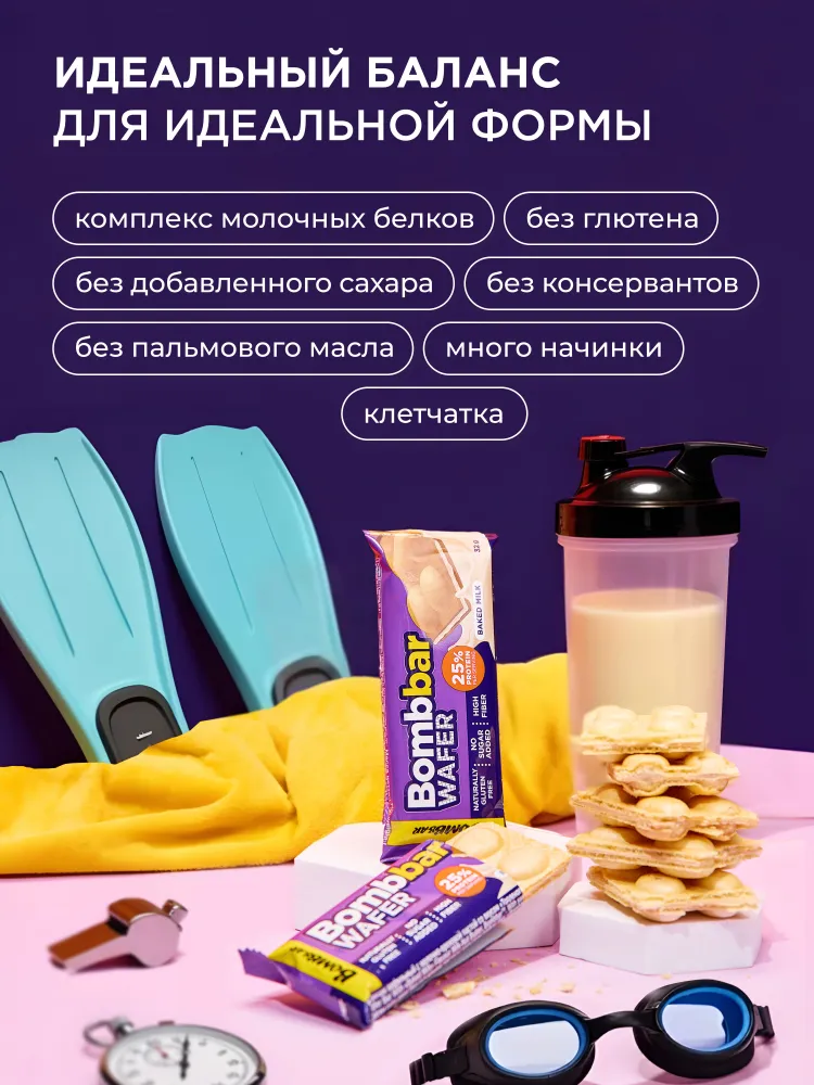 BOMBBAR WAFER Протеиновые вафли без сахара и глютена Топленое молоко, 12шт х 32г, 12 шт, 32 г, фото 2