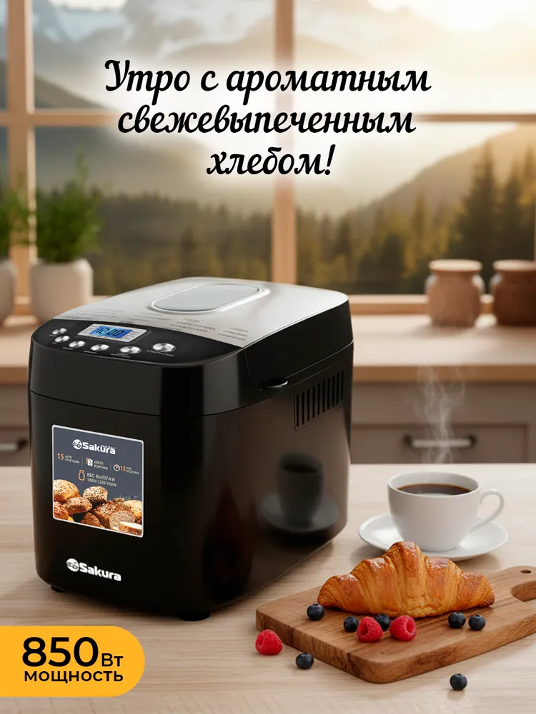 Хлебопечка с замесом теста автоматическая Sakura SA-7510B 850Вт 15 программ, 850 Вт, фото 6