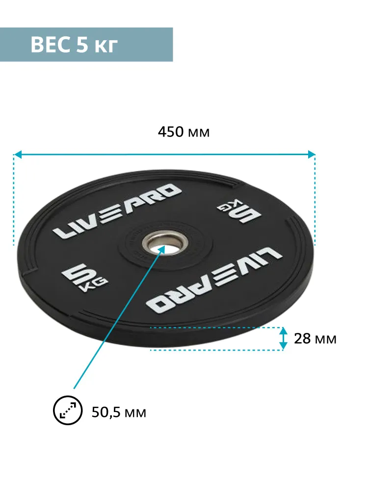Диск бампированный обрезиненный LIVEPRO Rubber Bumper Plate, 5 кг, 5 кг, фото 2
