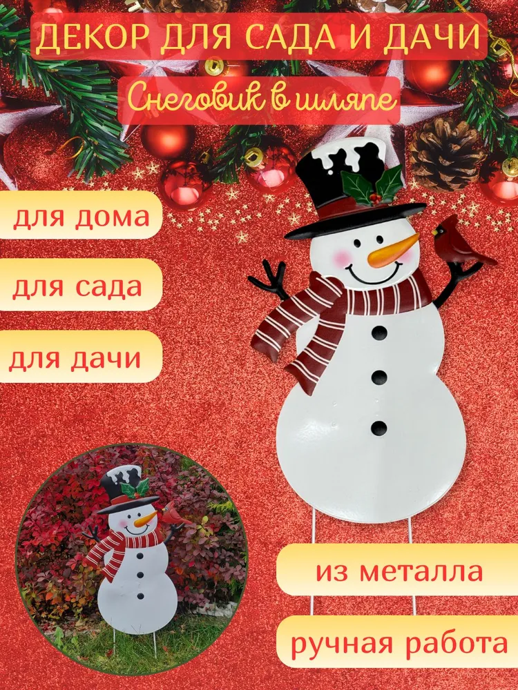 Новогодний декор для дома, дачи и сада Снеговик в шляпе металлический, вариант