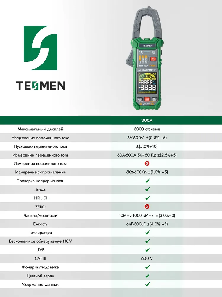 INRUSH Мультиметр цифровой Токовые клещи TESMEN TCM-300A 6000 отсчетов T-RMS измерительный инструмент тестер электрический, вариант, фото 4