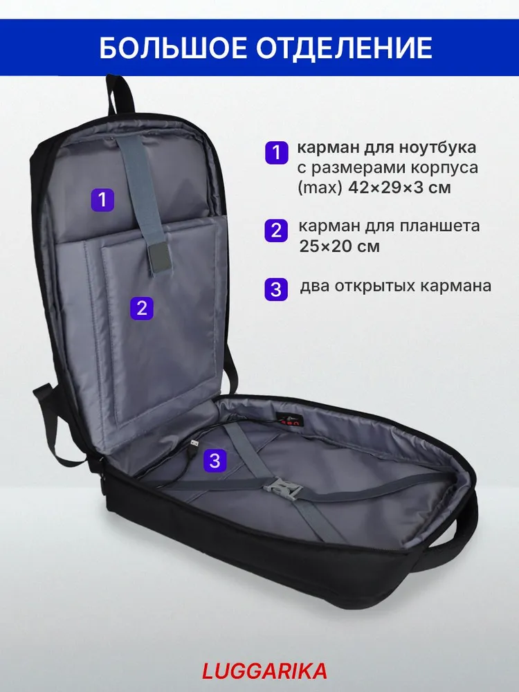 LUGGARIKA Рюкзак мужской городской для ноутбука 17.3 с USB, для работы и путешествий, черный, 20 литров, черный, фото 3
